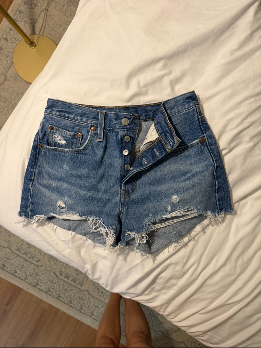 Levi's Raw Hem Distressed Denim Shorts - Medium Blue